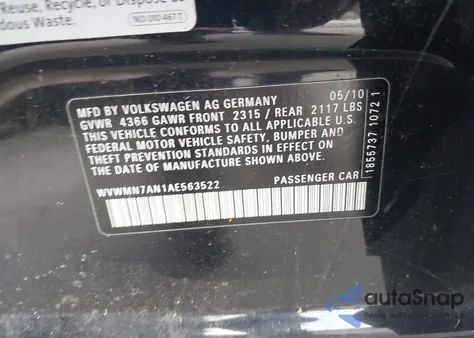 2010 Volkswagen Cc Sport z USA, uszkodzony, nr VIN WVWMN7AN1AE563522